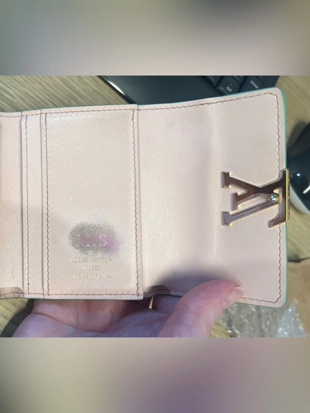 Louis Vuitton Mint Green Pebbled Leather Compact Wallet with LV Hardware